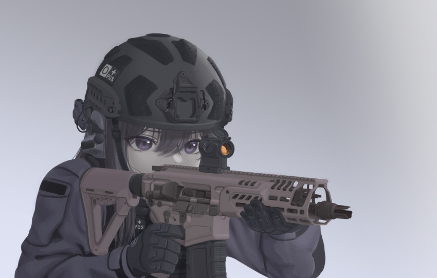 1girl absurdres aiming assault_rifle black_gloves black_hair combat_helmet ear_protection english_commentary finger_on_trigger gloves grey_background gun hair_between_eyes helmet highres holding holding_gun holding_weapon jimin6468 korean_commentary long_hair mixed-language_commentary original red_dot_sight rifle scope sig_mcx sig_sauer simple_background solo upper_body violet_eyes weapon