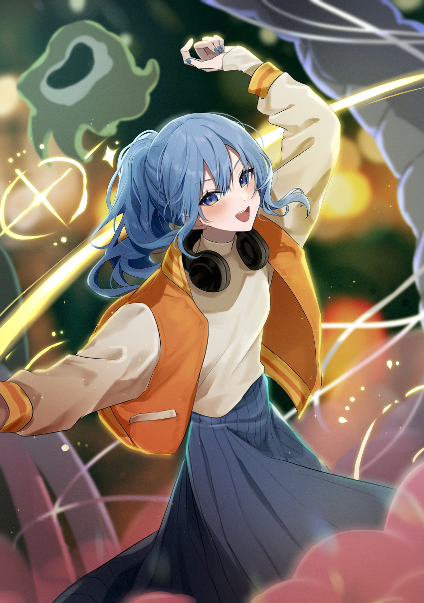 1girl absurdres alternate_costume arms_up blue_eyes blue_hair blue_nails blurry blurry_background blush bokeh commentary_request cowboy_shot depth_of_field double-parted_bangs grey_skirt hair_between_eyes headphones headphones_around_neck highres hololive hoshimachi_suisei jacket long_hair long_skirt long_sleeves looking_at_viewer nail_polish open_clothes open_jacket open_mouth orange_jacket outstretched_arms shirt side_ponytail sidelocks skirt smile soda_dokka_ikou solo standing star_(symbol) star_in_eye symbol_in_eye virtual_youtuber yellow_shirt