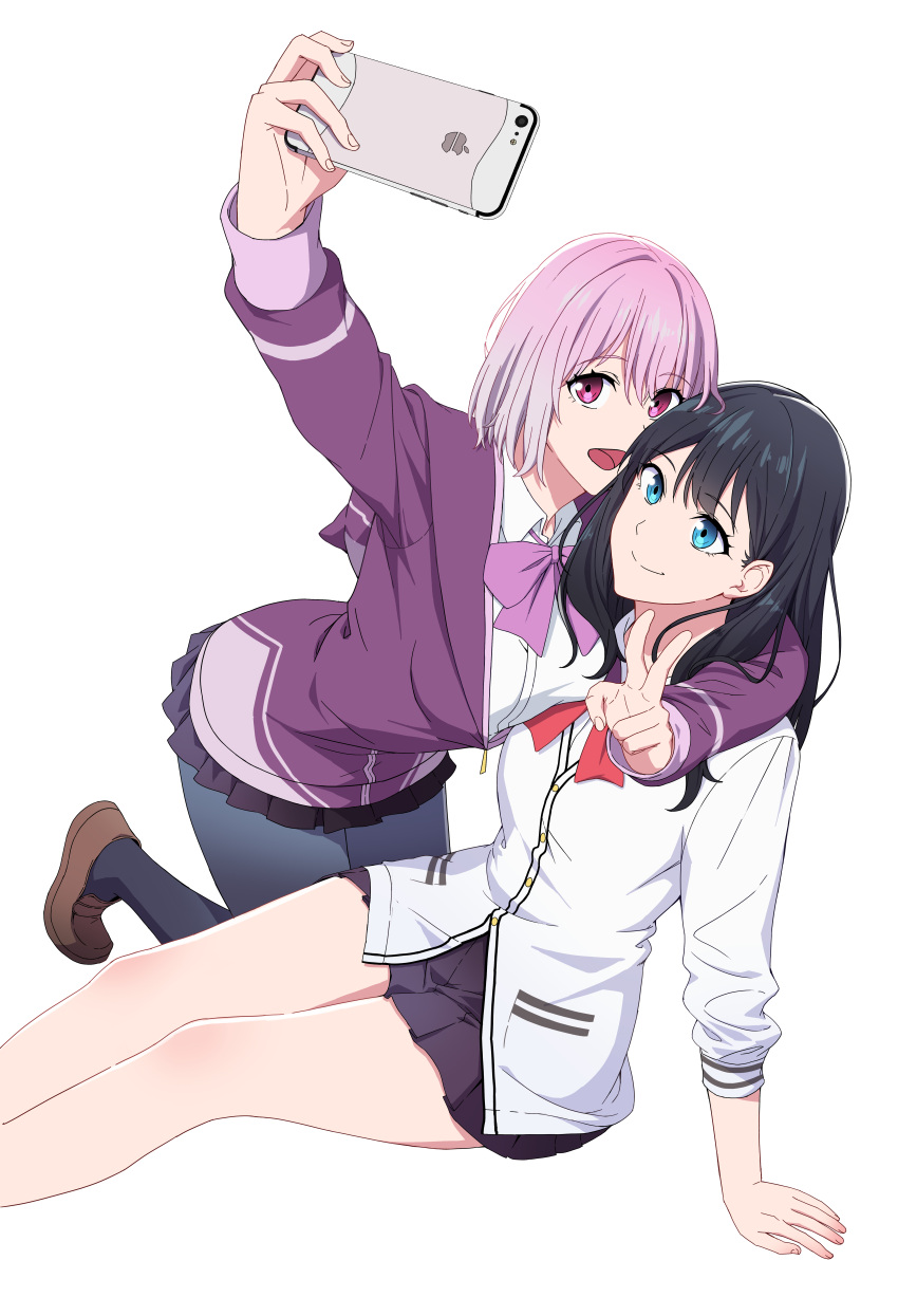 2girls absurdres arm_around_neck arm_support black_hair black_pantyhose black_skirt blue_eyes bow bowtie brown_footwear cardigan cellphone chinese_commentary collared_shirt commentary_request dress_shirt gridman_universe hair_between_eyes highres holding holding_phone iphone jacket jovei loafers long_hair long_sleeves multiple_girls pantyhose partially_unzipped phone pink_eyes pleated_skirt purple_bow purple_bowtie purple_jacket selfie shinjou_akane shirt shoes short_hair simple_background sitting skirt sleeves_past_elbows smartphone ssss.gridman takarada_rikka violet_eyes white_background white_cardigan white_shirt