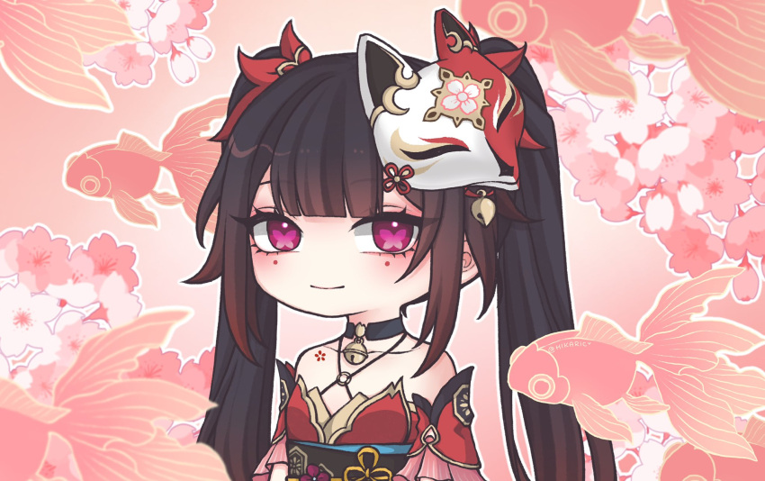 1girl bare_shoulders bell black_choker blush bow brown_hair cherry_blossoms chibi choker closed_mouth collarbone criss-cross_halter detached_sleeves dress fish flower fox_mask gradient_hair hair_bow halterneck highres hikaric honkai:_star_rail honkai_(series) long_bangs long_hair looking_at_viewer mask mask_on_head multicolored_hair neck_bell o-ring obi pink_background pink_eyes pink_flower red_bow red_dress red_sleeves redhead sash short_sleeves simple_background sleeveless sleeveless_dress smile solo sparkle_(honkai:_star_rail) twintails upper_body