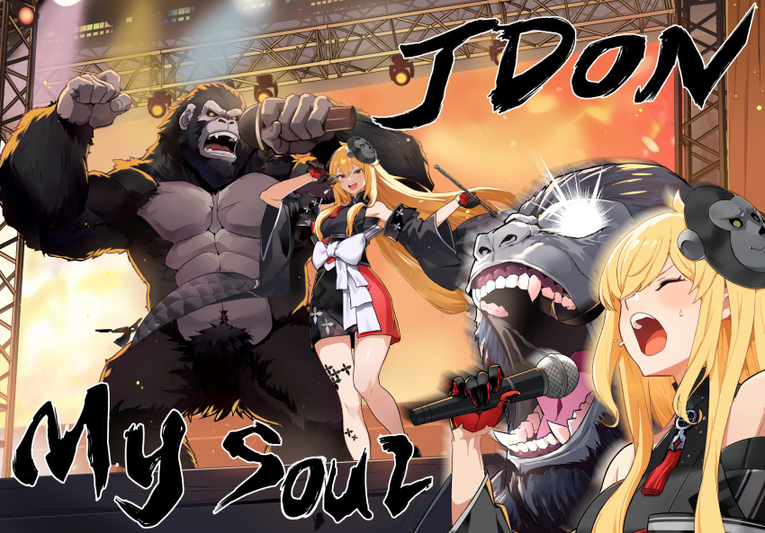 1girl bare_shoulders black_kimono black_sclera blonde_hair closed_eyes colored_sclera commentary_request detached_sleeves english_text gloves glowing glowing_eyes gorilla gorilla_mask highres holding holding_microphone holding_smoking_pipe hololive hololive_indonesia idol japanese_clothes kaela_kovalskia kimono kiseru long_hair microphone muscular popo_(popo0cat) red_gloves sleeveless sleeveless_kimono smoking_pipe stage wide_sleeves yellow_eyes