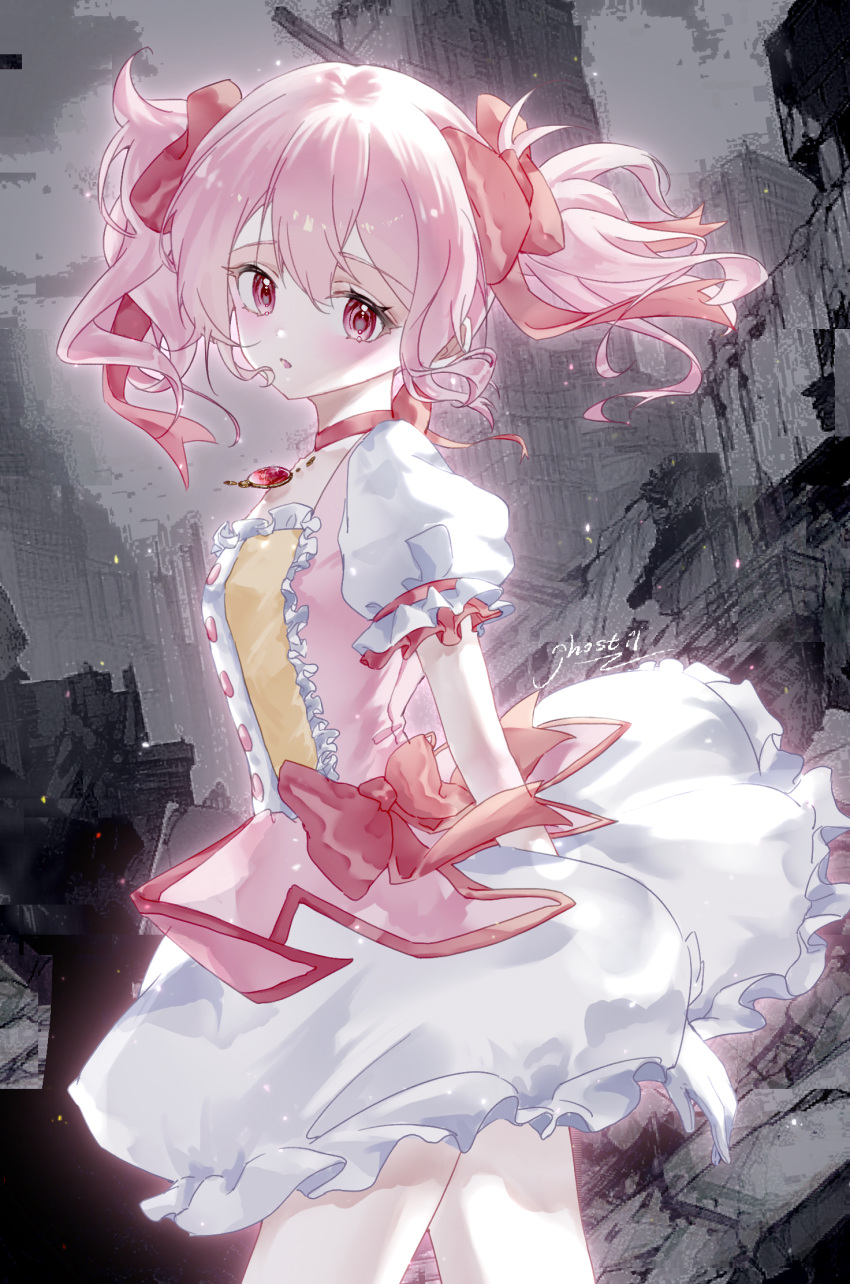 1girl artist_name bow bubble_skirt buttons choker city cowboy_shot dress dress_bow floating_hair frilled_dress frilled_skirt frilled_sleeves frills from_side ghostii gloves grey_sky hair_bow highres kaname_madoka looking_at_viewer magical_girl mahou_shoujo_madoka_magica mahou_shoujo_madoka_magica_(anime) open_mouth outdoors pink_choker pink_dress pink_eyes pink_hair puffy_short_sleeves puffy_sleeves rubble ruins short_hair short_sleeves short_twintails signature skirt sky solo standing twintails white_gloves white_skirt wind