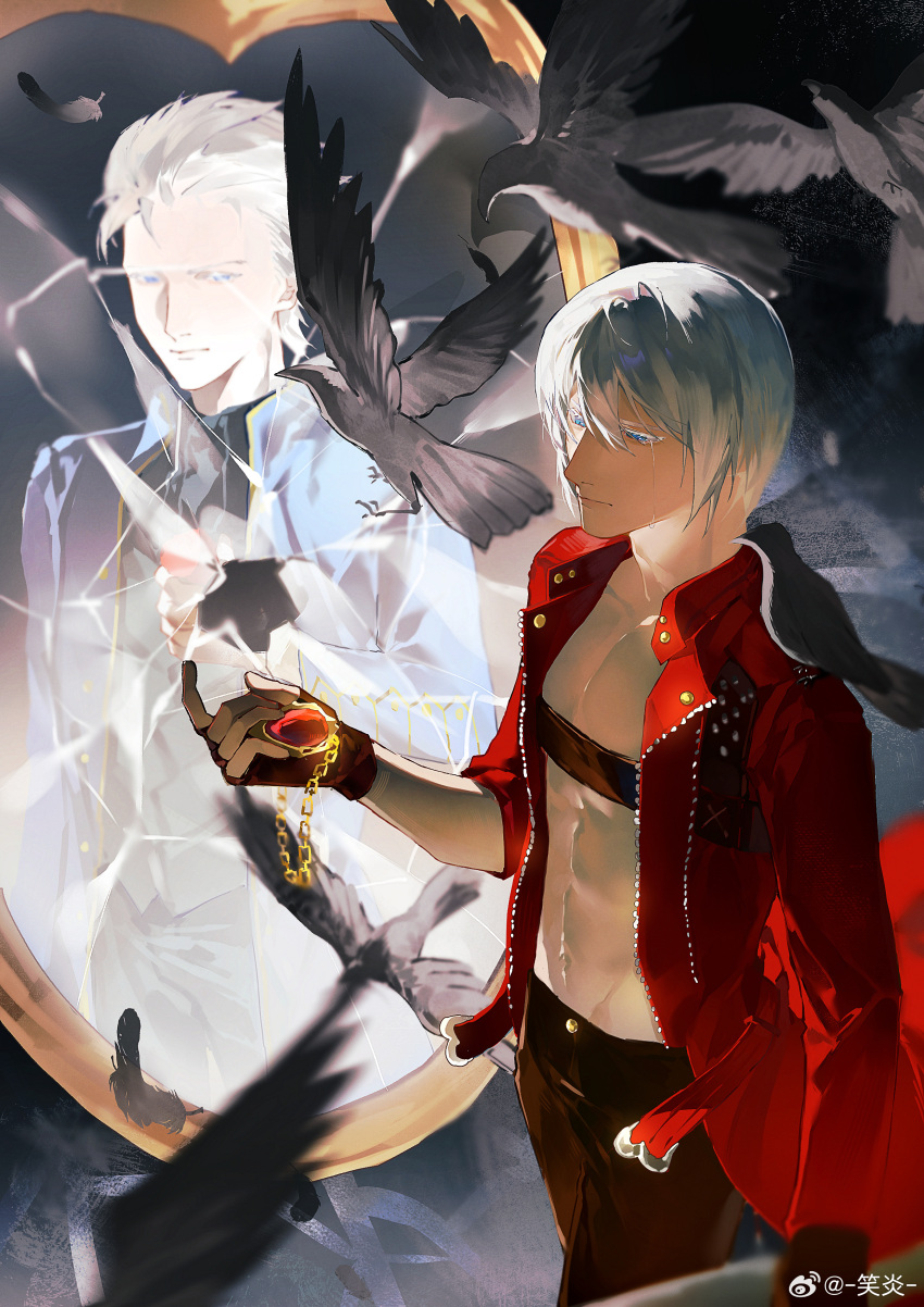 absurdres belt_bra bird blue_coat blue_eyes coat crying crying_with_eyes_open dante_(devil_may_cry) devil_may_cry_(series) devil_may_cry_3 fingerless_gloves gloves hair_between_eyes highres holding jewelry male_focus multiple_boys necklace red_coat tears too_many too_many_birds vergil_(devil_may_cry) weibo_5287344000 white_hair