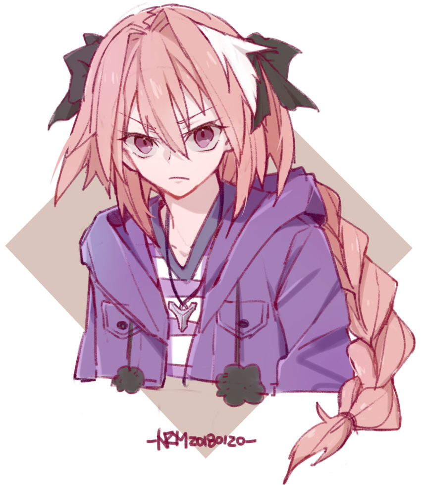 &gt;:( 1boy androgynous angry astolfo_(fate) black_bow bow braid chungyun_high cross cross_necklace dated fang fate/apocrypha fate/grand_order fate_(series) glaring hair_bow hair_intakes highres hood hooded_jacket jacket jewelry long_braid long_hair male_focus multicolored_hair necklace pink_hair pom_pom_(clothes) shirt single_braid skin_fang solo streaked_hair striped_clothes striped_shirt two-tone_hair upper_body v-neck v-shaped_eyebrows violet_eyes white_background white_hair