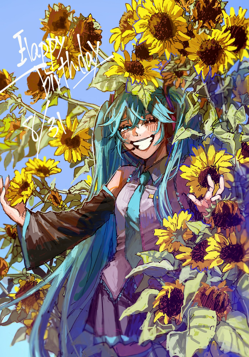 1girl black_skirt black_sleeves black_thighhighs blue_background blue_eyes blue_hair blue_necktie blush collared_shirt commentary_request cowboy_shot detached_sleeves flower grey_shirt grin hair_ornament half-closed_eye happy_birthday hatsune_miku headset highres long_hair long_sleeves looking_at_viewer necktie one_eye_closed outstretched_arms saba_ichimi shirt skirt sleeveless sleeveless_shirt smile solo spread_arms standing sunflower thigh-highs twintails very_long_hair vocaloid
