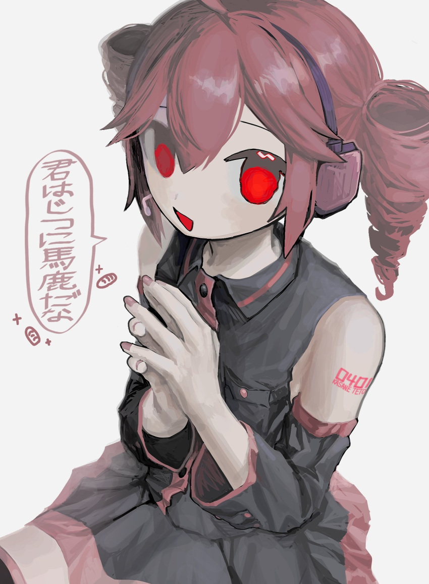 1girl arm_tattoo black_sleeves character_name collared_shirt detached_sleeves drill_hair giv_81 grey_background headphones headset highres kasane_teto open_mouth red_eyes redhead shirt simple_background skirt sleeveless sleeveless_shirt solo speech_bubble tattoo thigh-highs translation_request twin_drills twintails utau