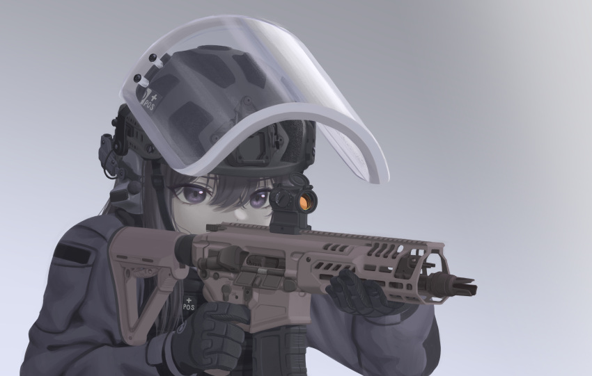1girl absurdres aiming assault_rifle black_gloves black_hair combat_helmet ear_protection english_commentary finger_on_trigger gloves grey_background gun hair_between_eyes helmet highres holding holding_gun holding_weapon jimin6468 korean_commentary long_hair mixed-language_commentary original red_dot_sight rifle scope sig_mcx sig_sauer simple_background solo upper_body violet_eyes visor_(armor) weapon