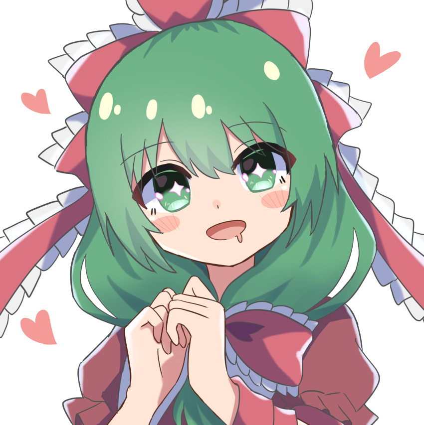 +_+ 1girl absurdres arm_ribbon bow frilled_bow frilled_ribbon frills front_ponytail green_eyes green_hair hair_bow hair_ribbon heart high_meron highres kagiyama_hina open_mouth red_bow red_ribbon ribbon simple_background solo touhou upper_body white_background