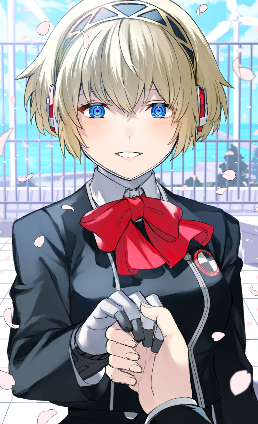 1girl aegis_(persona) android black_hairband black_jacket blonde_hair blue_eyes commentary_request fingernails gekkoukan_high_school_uniform gold_trim grin hair_between_eyes hairband highres jacket kinagi_(3307377) long_sleeves looking_at_viewer neck_ribbon out_of_frame outdoors persona persona_3 petals pov pov_hands red_ribbon ribbon robot_ears school_uniform short_hair smile