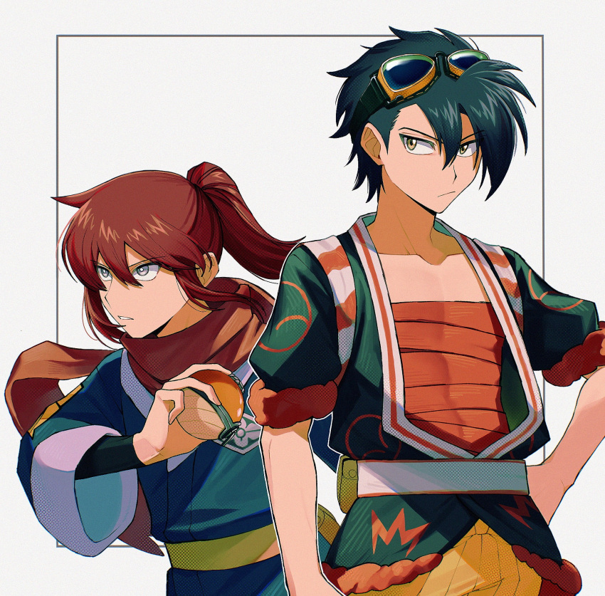 2boys bandaged_chest black_hair collarbone ethan_(pokemon) galaxy_expedition_team_survey_corps_uniform goggles goggles_on_head grey_eyes highres in-franchise_crossover japanese_clothes kimono kuruto. long_hair looking_to_the_side male_focus multiple_boys outline outside_border poke_ball poke_ball_(legends) pokemon pokemon_hgss pokemon_legends:_arceus ponytail redhead scarf short_hair short_kimono silver_(pokemon) upper_body white_background white_outline yellow_eyes