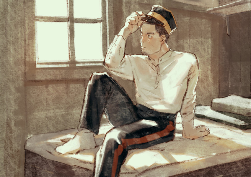 1boy adjusting_clothes adjusting_headwear bed black_headwear black_pants brown_hair chengongzi123 closed_mouth collared_shirt facial_hair foot_out_of_frame goatee_stubble golden_kamuy grey_eyes hand_up hat highres indoors long_sleeves looking_to_the_side male_focus military_hat military_uniform pants shirt short_hair sitting socks stubble tsukishima_hajime uniform very_short_hair white_shirt white_socks window