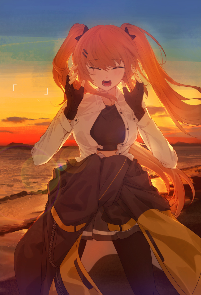 1girl :d ^_^ beach black_gloves black_pantyhose blush breasts brown_hair closed_eyes clothes_around_waist commentary_request facing_viewer fingerless_gloves girls_frontline gloves hair_ornament hairclip highres jacket jacket_around_waist long_hair mush ocean outdoors pantyhose pleated_skirt skirt smile solo sunset tongue twintails ump9_(girls'_frontline)