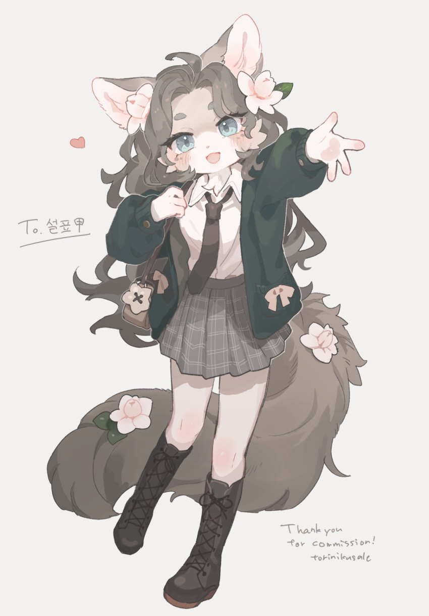 1girl :d ahoge animal_ears animal_nose bag black_footwear black_necktie blue_eyes boots brown_background brown_hair cardigan cat_ears cat_girl cat_tail commission cross-laced_footwear fewer_digits flower full_body furry furry_female gomafuto green_cardigan grey_skirt hair_flower hair_ornament heart highres hikimayu knee_boots leaf_hair_ornament leg_up long_hair looking_at_viewer necktie open_cardigan open_clothes open_mouth original outstretched_arm pawpads plaid plaid_skirt shirt shirt_tucked_in shoulder_bag simple_background skeb_commission skirt smile solo standing tail tail_flower tail_ornament thank_you wavy_hair white_shirt