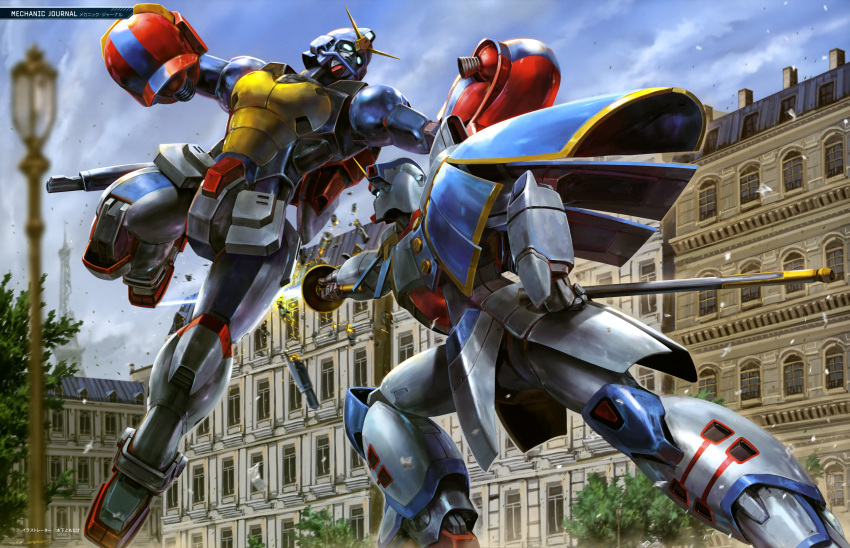 absurdres attack battle beam_saber blue_eyes blue_sky building clouds cloudy_sky day eiffel_tower g_gundam glowing glowing_eyes gundam gundam_maxter gundam_rose highres holding holding_sword holding_weapon jumping kinoshita_tomotake lamppost mecha mecha_focus no_humans outdoors robot science_fiction signature sky sparks super_robot sword thrusters tree v-fin weapon