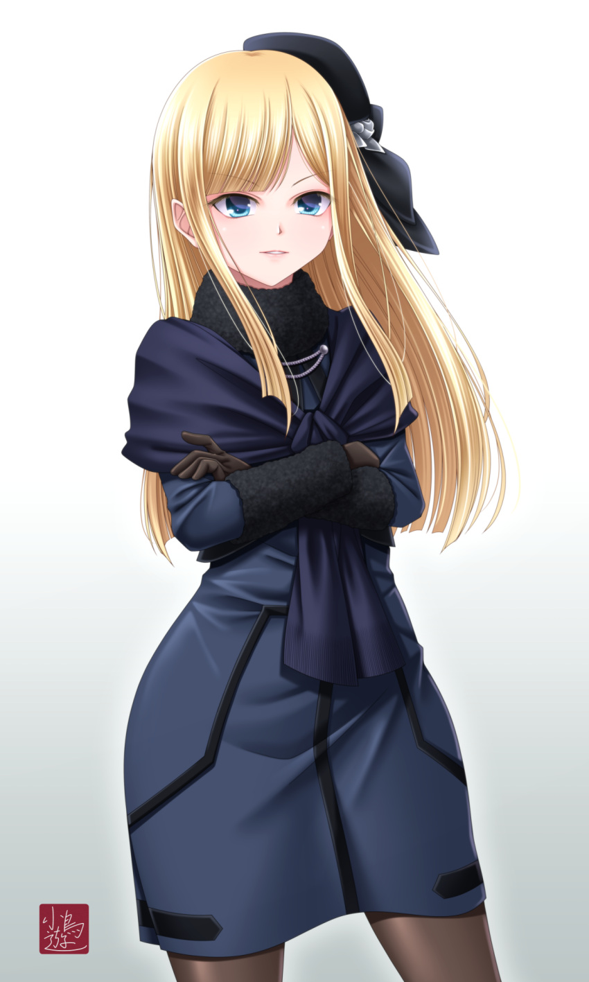 1girl aqua_eyes beret black_headwear blonde_hair blue_dress blue_jacket blue_scarf breasts brown_gloves brown_pantyhose cropped_jacket crossed_arms dress fate/grand_order fate_(series) fur_collar gloves hat highres jacket long_hair long_sleeves looking_at_viewer lord_el-melloi_ii_case_files pantyhose reines_el-melloi_archisorte scarf sidelocks small_breasts smile solo takanashi_tsukasa thighs tilted_headwear