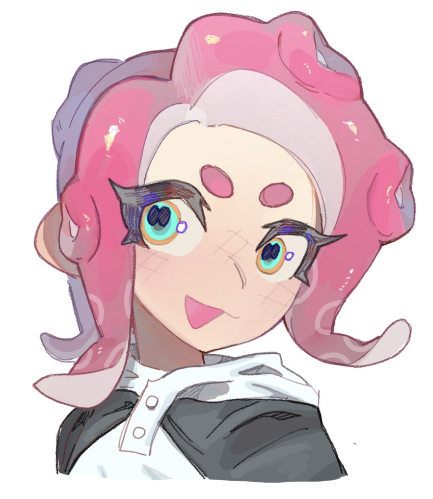 1girl aqua_eyes cephalopod_eyes commentary_request commission cropped_torso highres medium_hair octoling octoling_girl octoling_player_character open_mouth pink_hair redbeanpie0 simple_background solo splatoon_(series) tentacle_hair thick_eyebrows upper_body white_background