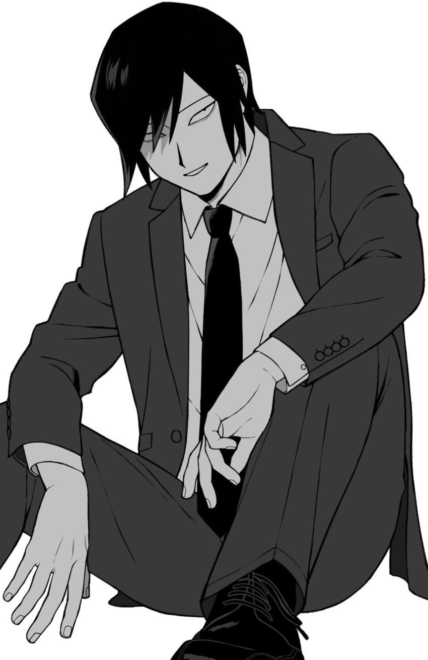 1boy arms_on_knees bad_id bad_pixiv_id bags_under_eyes collared_shirt commentary_request constricted_pupils dress_pants dress_shoes foot_out_of_frame greyscale grin highres jacket knees_up long_sleeves looking_at_viewer male_focus midori_(rgonkr) monochrome necktie odd_taxi open_clothes open_jacket shirt short_hair sitting smile solo spoilers suit suit_jacket yamamoto_fuyuki