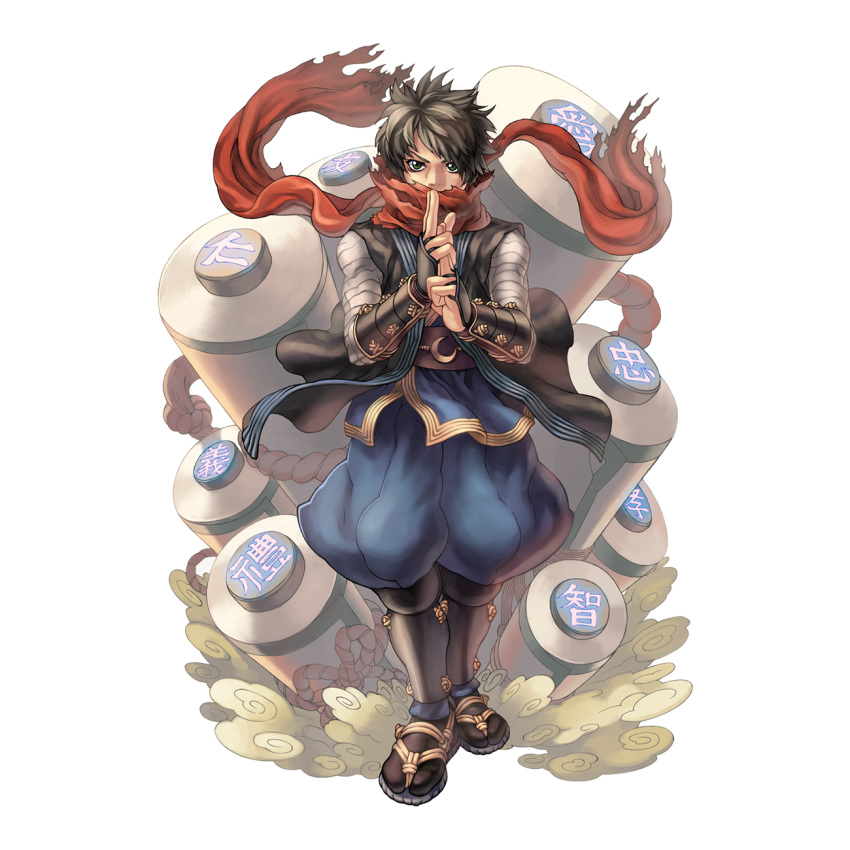 1boy 2000s_(style) arm_wrap armor baggy_pants black_footwear black_hair brown_sash crescent full_body green_eyes highres japanese_armor kuji-in looking_at_viewer male_focus medium_bangs myung-jin_lee ninja_(ragnarok_online) obi obijime official_art pants ragnarok_online red_scarf sandals sash scarf scroll shin_guards short_hair simple_background smoke solo standing suneate tabi tachi-e torn_clothes torn_scarf transparent_background vambraces zouri