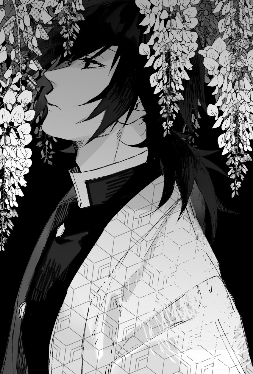 1boy absurdres adam's_apple black_background buttons closed_mouth demon_slayer_uniform expressionless flower from_side greyscale hair_between_eyes haori highres jacket japanese_clothes kimetsu_no_yaiba long_hair looking_up low_ponytail male_focus monochrome noroinoenojin profile simple_background solo tomioka_giyuu upper_body wisteria