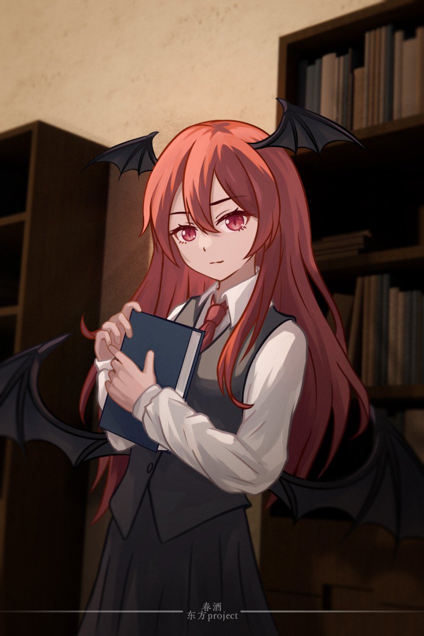 1girl absurdres black_vest book bookshelf chunjiu closed_mouth collared_shirt commentary demon_wings head_wings highres holding holding_book koakuma light_smile long_hair long_sleeves looking_at_viewer low_wings necktie red_eyes red_necktie redhead shirt skirt skirt_set solo touhou translation_request vest white_shirt wings