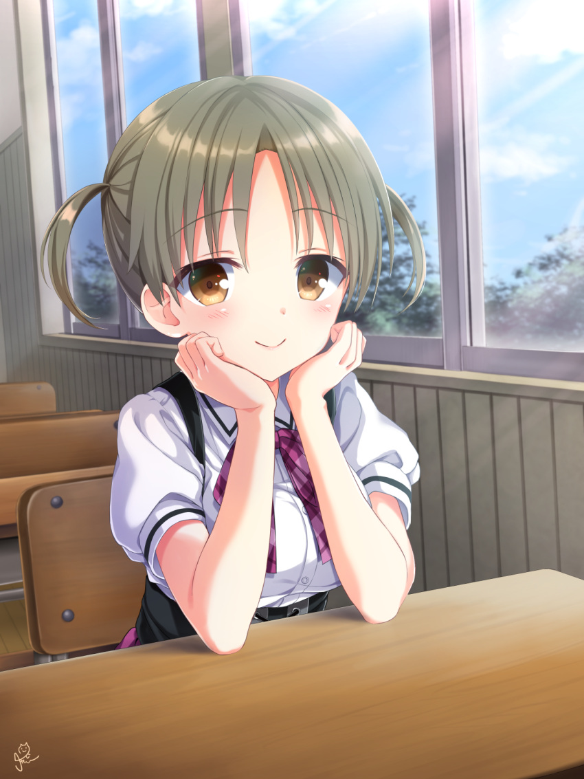 1girl blush bow brown_eyes c: chaamii classroom closed_mouth commentary_request day desk elbows_on_table hands_on_own_cheeks hands_on_own_face head_rest highres hotori_kogara indoors koibana_ren'ai light_rays looking_at_viewer plaid plaid_bow puffy_short_sleeves puffy_sleeves purple_bow school_desk school_uniform shirt short_hair short_sleeves short_twintails signature sitting skirt smile solo sunbeam sunlight suspender_skirt suspenders tsurime twintails upper_body white_shirt window