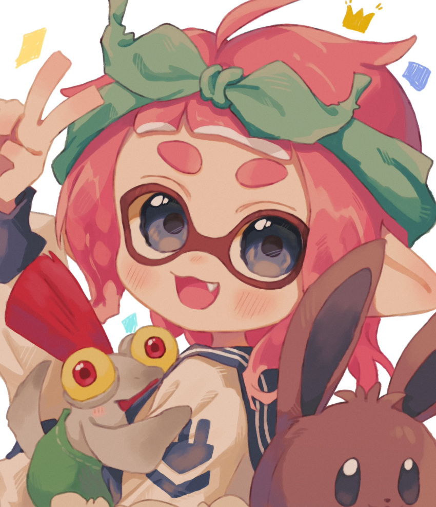 1girl :d blue_bow blue_eyes blue_hairband bow bow_hairband brown_fur commentary_request eevee fangs hair_bow hairband highres inkling inkling_girl inkling_player_character looking_at_viewer medium_hair ochocho2828 open_mouth pink_hair pointy_ears pokemon pokemon_(creature) red_eyes redhead simple_background smallfry_(splatoon) smile sparkle splatoon_(series) splatoon_3 tentacle_hair thick_eyebrows upper_body v white_background