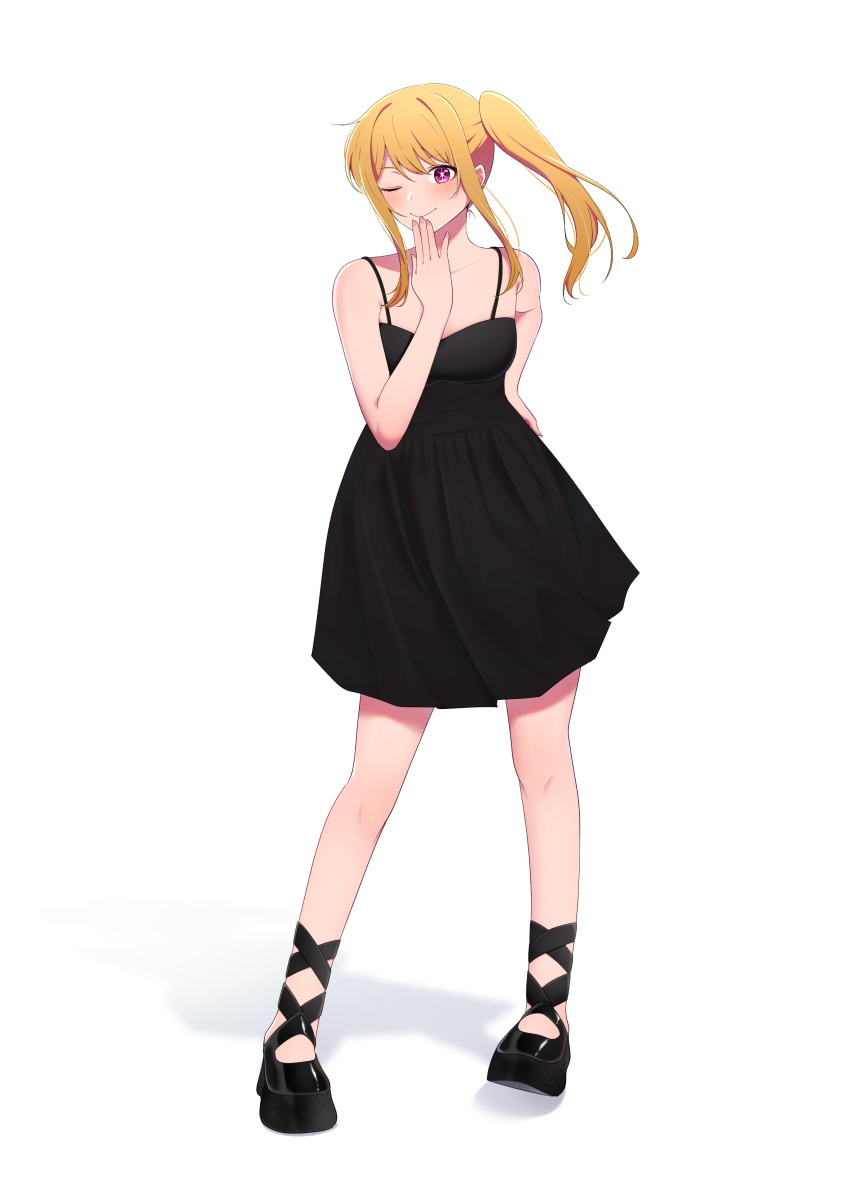 1girl absurdres black_dress black_footwear blonde_hair breasts closed_mouth collarbone commentary dress english_commentary floating_hair full_body hand_up highres hoshino_ruby lone_nape_hair long_hair looking_at_viewer medium_breasts one_eye_closed oshi_no_ko pink_eyes side_ponytail sidelocks simple_background smile solo spaghetti_strap star-shaped_pupils star_(symbol) symbol-shaped_pupils war_artwork white_background