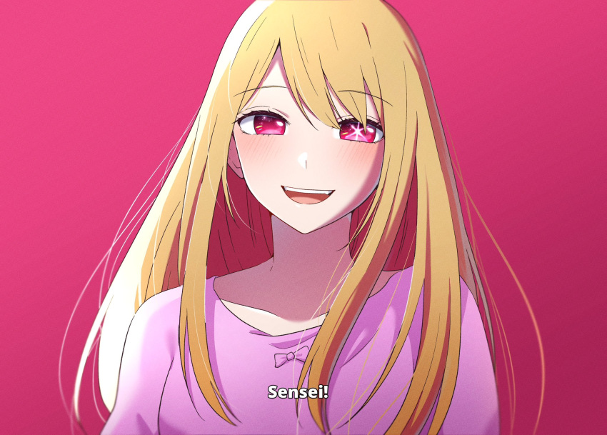 1girl blonde_hair blush commentary english_commentary hair_down highres hoshino_ruby long_hair looking_at_viewer mismatched_pupils no_pupils open_mouth oshi_no_ko pink_background pink_eyes pink_shirt romaji_text scene_reference shirt sidelocks simple_background solo star-shaped_pupils star_(symbol) subtitled symbol-shaped_pupils teeth upper_body upper_teeth_only war_artwork