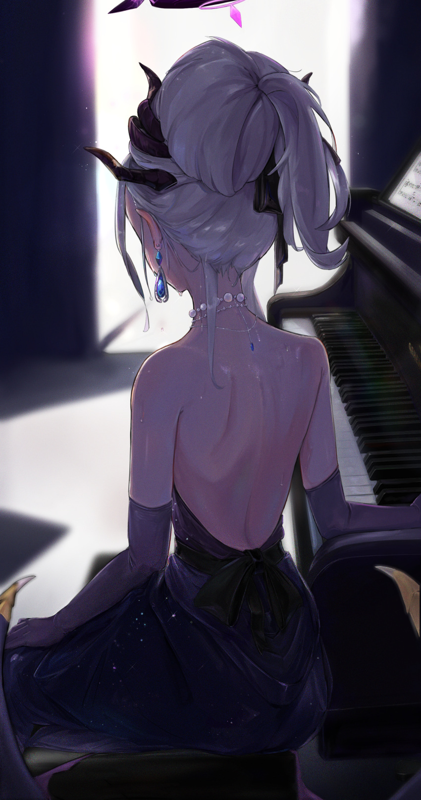 1girl accessories back blue_archive dim_lighting dress dripping hina_(blue_archive) looking_away piano ponytail purple_dress shadow sweat sweating sweating_profusely white_hair