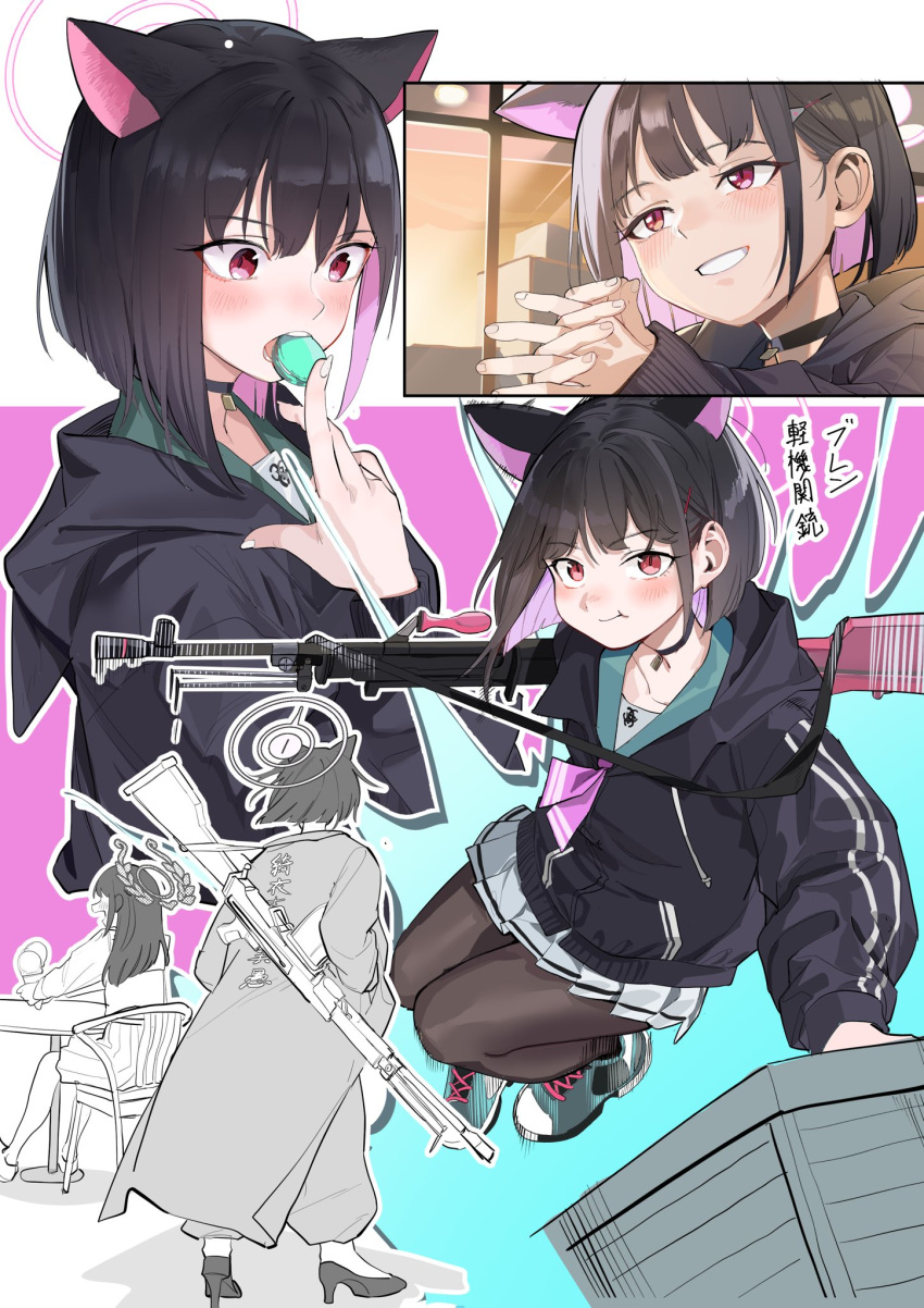 2girls :t airi_(blue_archive) animal_ears black_choker black_hair black_pantyhose blue_archive blush box chair choker clothes_writing coat food food_in_mouth grin gun hair_ornament hairclip halo highres holding hood hood_down jacket kazusa_(blue_archive) long_hair long_sleeves macaron multicolored_hair multiple_girls multiple_views pantyhose pink_hair pleated_skirt red_eyes shoes short_hair sitting skirt smile umiwashi weapon weapon_on_back