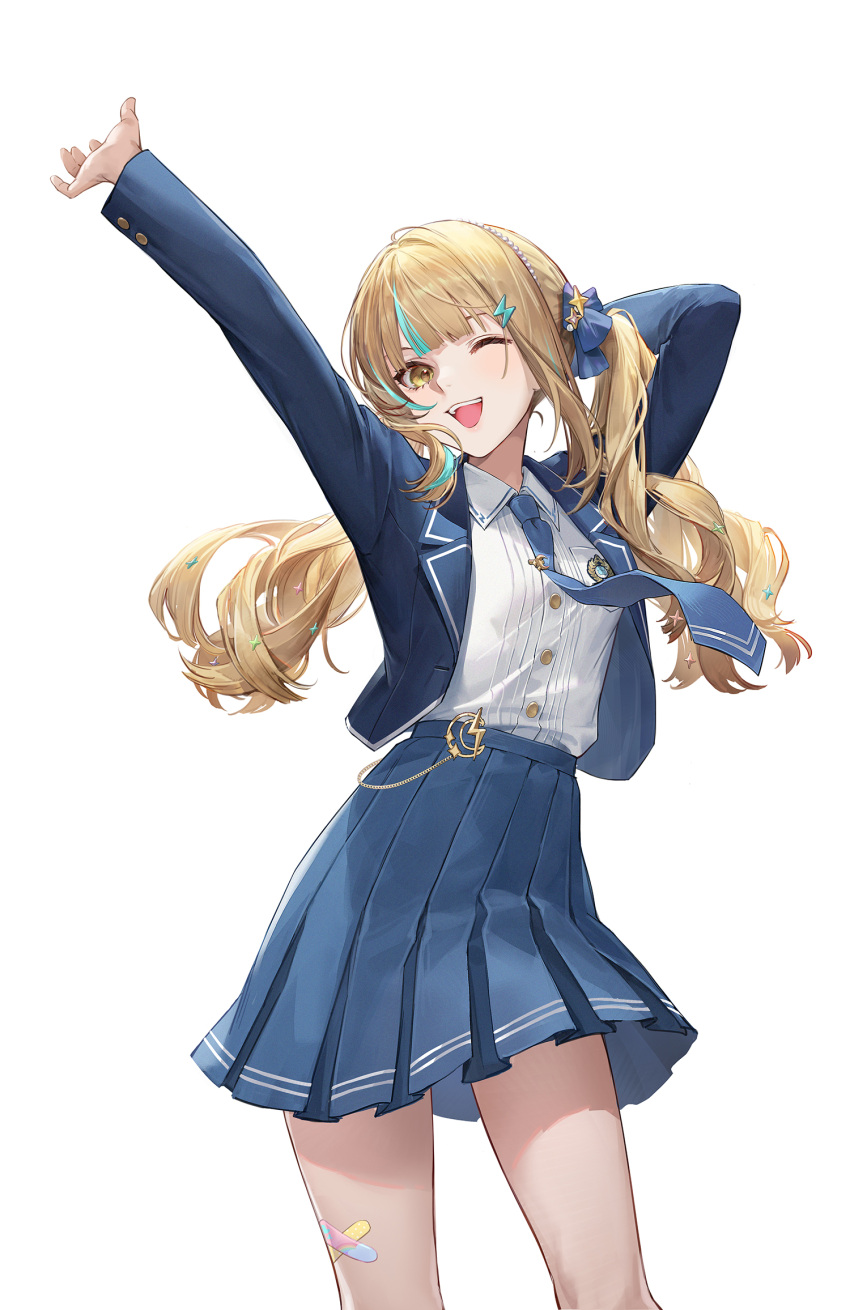 1girl ;d aqua_hair arm_behind_head arms_up bandaid bandaid_on_leg blazer blonde_hair blue_bow blue_jacket blue_necktie blue_skirt blunt_bangs bow collared_shirt cowboy_shot dress_shirt gui_mi hair_bow hair_ornament highres jacket lapels lightning_bolt_hair_ornament lightning_bolt_symbol long_hair long_sleeves looking_at_viewer miniskirt multicolored_hair necktie official_art one_eye_closed open_clothes open_jacket pleated_skirt school_uniform shirt shirt_tucked_in sixiwanzi skirt smile solo streaked_hair teeth twintails upper_teeth_only virtual_youtuber white_background white_shirt wing_collar yellow_eyes yoyi_(vtuber)