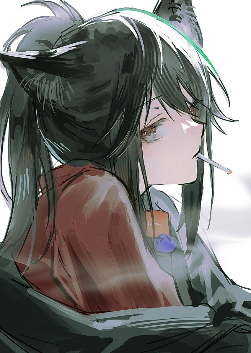 1girl animal_ears arknights black_hair black_jacket brown_eyes cigarette closed_mouth expressionless highres jacket long_hair looking_at_viewer mi1i_11 mouth_hold off_shoulder red_shirt shirt simple_background sketch smoke smoking solo texas_(arknights) texas_(willpower)_(arknights) upper_body white_background wolf_ears wolf_girl
