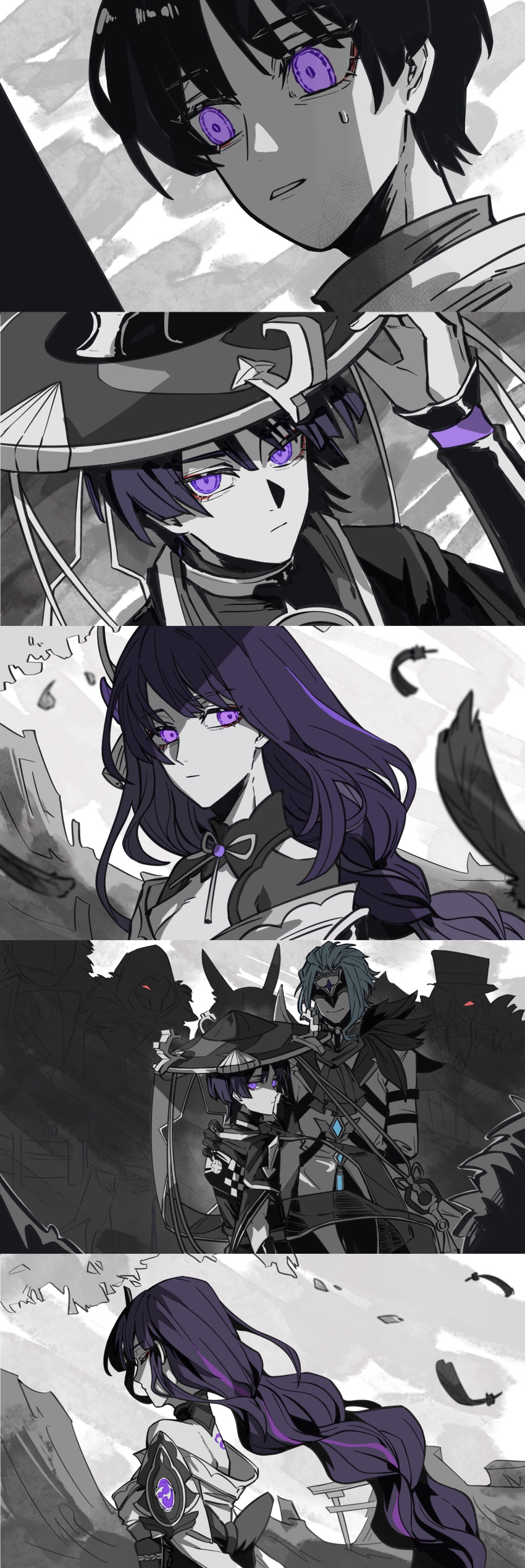 1girl 2boys absurdres blunt_bangs braid dottore_(genshin_impact) feathers feixuzhanshitouwerundead from_side genshin_impact hair_between_eyes hair_ornament highres japanese_clothes long_hair looking_back looking_to_the_side mask mitsudomoe_(shape) monochrome mother_and_son multiple_boys outdoors purple_hair raiden_shogun scaramouche_(genshin_impact) scaramouche_(kabukimono)_(genshin_impact) single_braid tomoe_(symbol) violet_eyes