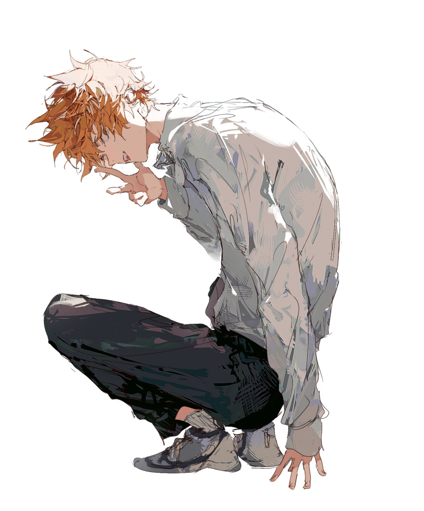 1boy arm_support black_pants brown_eyes collared_shirt from_side full_body hachiware_(user_wwva4743) haikyuu!! highres hinata_shouyou long_sleeves looking_at_viewer male_focus messy_hair open_mouth orange_hair pants shirt shoes short_hair sidelighting smile sneakers socks solo squatting white_background white_shirt white_socks