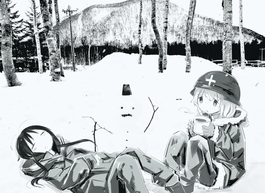 2girls :o absurdres blush chito_(shoujo_shuumatsu_ryokou) closed_eyes cup day drink forest full_body fur-trimmed_jacket fur_trim gloves greyscale helmet highres holding holding_cup hood hood_down hooded_jacket hos1_i jacket landscape long_hair long_sleeves low_twintails lying monochrome multiple_girls nature on_back open_mouth outdoors pants scenery shoujo_shuumatsu_ryokou snow snowman steam tree twintails yuuri_(shoujo_shuumatsu_ryokou)