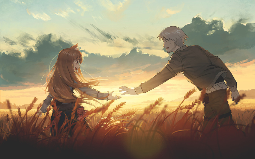 1boy 1girl :d black_shirt black_skirt brown_hair brown_jacket brown_pants clouds commentary_request craft_lawrence eye_contact facial_hair grey_hair grey_shirt highres holo jacket long_hair looking_at_another open_clothes open_jacket outdoors pants profile red_eyes ryokucha_manma shirt skirt sky smile spice_and_wolf stubble sunset very_long_hair wheat_field