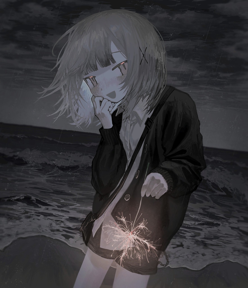 1girl beach black_cardigan black_shorts blush cardigan clouds cloudy_sky collared_shirt fireworks giv_81 grey_hair hair_ornament highres holding_fireworks long_sleeves looking_at_viewer night ocean open_cardigan open_clothes open_mouth original outdoors rain shirt short_hair shorts sky solo sparkler water white_shirt x_hair_ornament