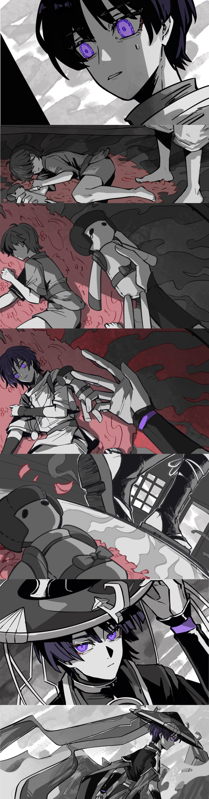 2boys absurdres crying doll feixuzhanshitouwerundead from_side genshin_impact hair_between_eyes hand_up highres holding holding_doll japanese_clothes lying monochrome multiple_boys on_side rug scaramouche's_sickly_friend_(genshin_impact) scaramouche_(genshin_impact) scaramouche_(kabukimono)_(genshin_impact) standing tears violet_eyes
