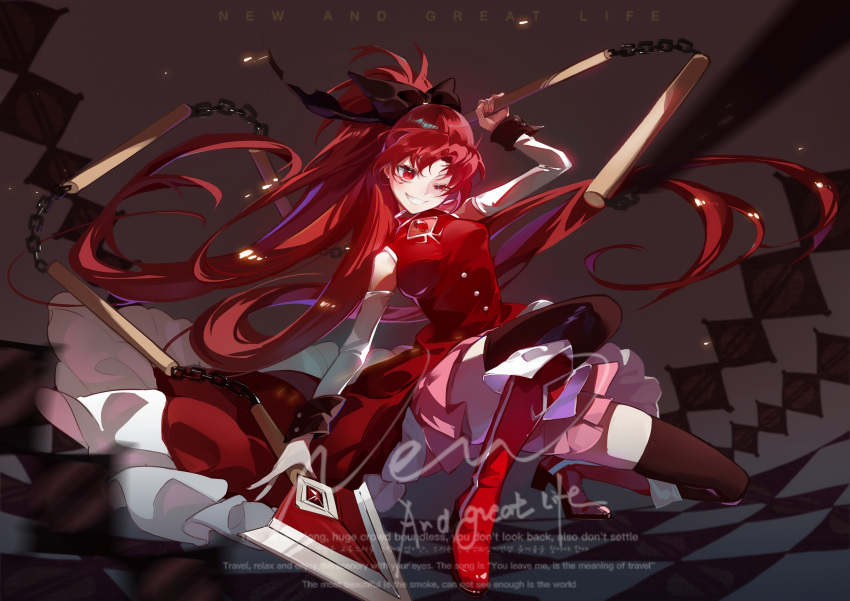 1girl ;d black_thighhighs boots bow brown_background chain chinese_commentary collared_dress commentary_request detached_sleeves dress english_text floating_hair full_body grin hair_bow hand_up highres holding holding_weapon knee_boots long_hair looking_down magical_girl mahou_shoujo_madoka_magica mahou_shoujo_madoka_magica_(anime) one_eye_closed parted_bangs pink_skirt polearm ponytail red_dress red_eyes red_footwear redhead sakura_kyoko simple_background skirt sleeveless sleeveless_dress smile solo spear squatting thigh-highs watermark weapon yuyu_xiangchi
