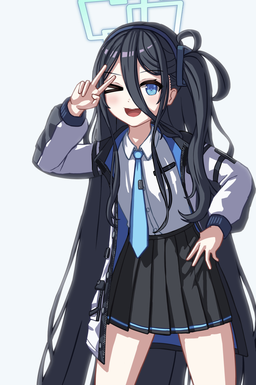 &gt;_o 1girl ;d absurdres aris_(blue_archive) black_hair black_hairband black_skirt blue_archive blue_eyes blue_necktie blush collared_shirt commentary_request grey_background hairband halo hand_up highres jacket long_hair long_sleeves looking_at_viewer necktie one_eye_closed one_side_up open_clothes open_jacket pleated_skirt puffy_long_sleeves puffy_sleeves shirt simple_background skirt smile solo standing stratosphere_(coom1017) v very_long_hair white_jacket white_shirt