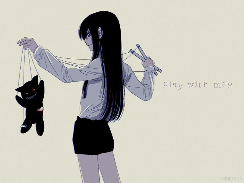 1girl alucard_(hellsing) commentary_request control_bar english_text from_behind girlycard hellsing long_hair puppet_strings short_shorts shorts smile solo toshimichi_yukari