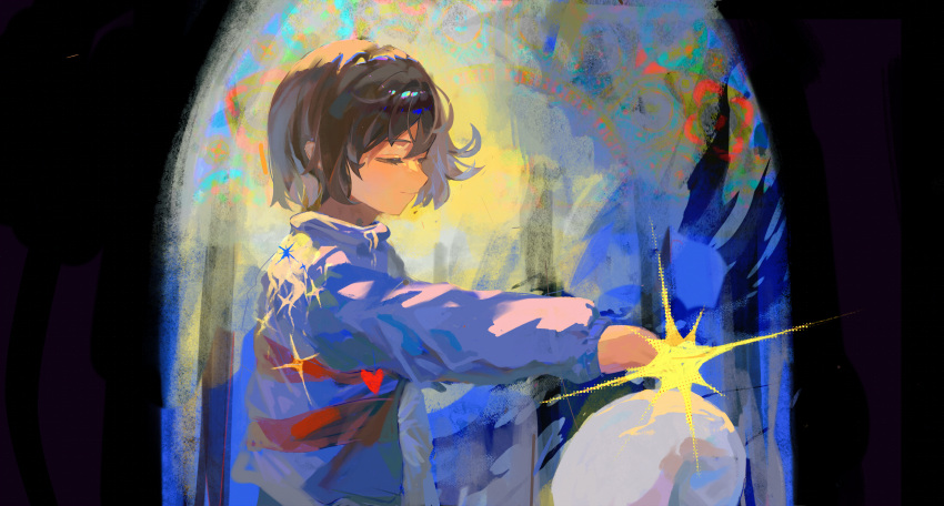 1other abstract_background absurdres androgynous blue_sweater brown_hair child closed_eyes commentary english_commentary frisk_(undertale) from_side heart highres long_sleeves other_focus outstretched_arm painterly short_hair smile solo sweater undertale upper_body wenjiu95177
