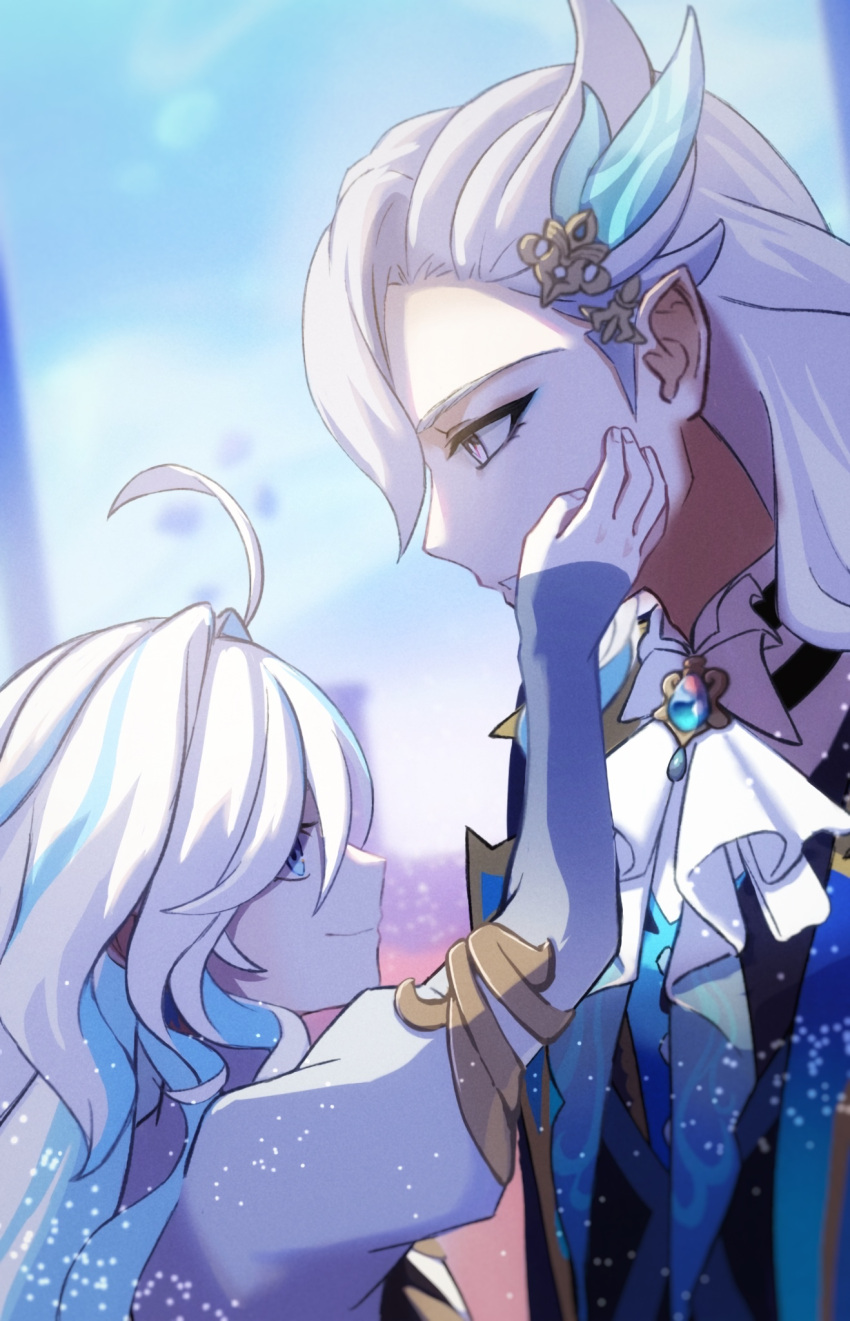 1boy 1girl ahoge blue_sky couple domenica_mpana from_side furina_(genshin_impact) genshin_impact hand_on_another's_cheek hand_on_another's_face height_difference hetero highres long_hair neckerchief neuvillette_(genshin_impact) outdoors sky smile white_hair white_neckerchief