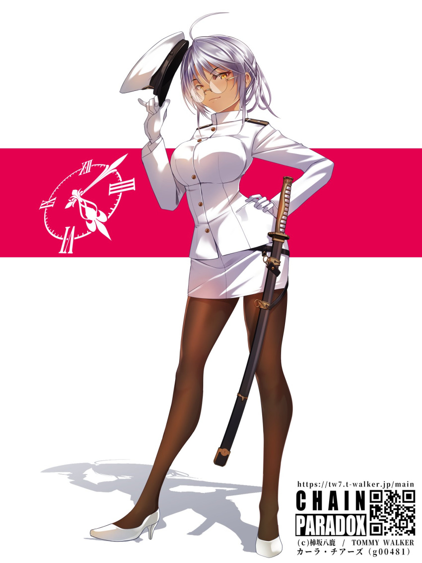 1girl ahoge breasts chain_paradox dark-skinned_female dark_skin epaulettes full_body glasses gloves grey_hair hand_on_own_hip hat high_heels highres holding holding_clothes holding_hat jacket kakizaka_hachishika large_breasts looking_at_viewer military_uniform pantyhose peaked_cap qr_code red_background round_eyewear shadow skirt solo standing tachi-e two-tone_background uniform unworn_headwear white_background white_gloves white_jacket white_skirt yellow_eyes