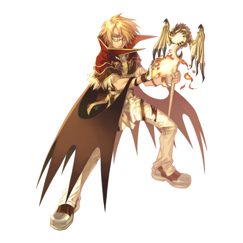 1boy 2000s_(style) black-framed_eyewear blonde_hair brown_wings capelet closed_mouth fighting_stance fingerless_gloves fire frown full_body fur-trimmed_capelet fur_trim glasses gloves green_eyes high_collar high_wizard_(ragnarok_online) highres holding holding_staff long_bangs looking_at_viewer magic male_focus myung-jin_lee official_art pants pyrokinesis ragnarok_online red_capelet semi-rimless_eyewear shirt shoes short_hair simple_background solo staff standing tachi-e transparent_background under-rim_eyewear white_footwear white_gloves white_pants white_shirt wings