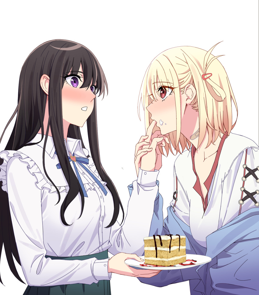 2girls absurdres bandaid bandaid_on_neck black_hair black_skirt blonde_hair blue_jacket blue_ribbon blush bob_cut breasts brooch cake chinese_commentary collarbone english_commentary finger_in_another's_mouth food food_on_face hair_between_eyes hair_ornament hairclip heart heart_brooch highres inoue_takina jacket jewelry jovei large_breasts long_hair long_sleeves looking_at_another lycoris_recoil medium_breasts mixed-language_commentary multiple_girls neck_ribbon nishikigi_chisato off_shoulder one_side_up open_mouth pleated_skirt red_eyes ribbon shirt sidelocks simple_background skirt upper_body violet_eyes white_background white_shirt yuri