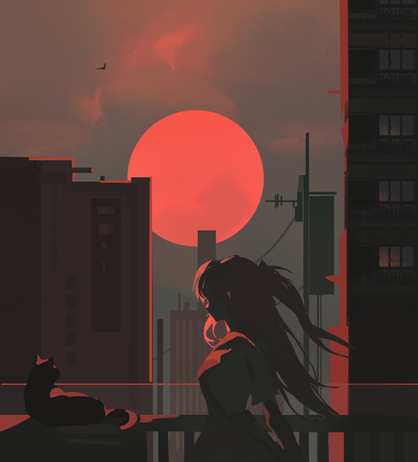 1girl absurdres balcony black_cat building cat chinese_commentary city commentary_request faceless from_side full_moon grey_sky high_contrast highres huge_moon limited_palette long_hair moon neon_genesis_evangelion profile railing red_moon redhead scenery shirt simple_bird sky solo souryuu_asuka_langley upper_body white_shirt woshiyituopangjumao