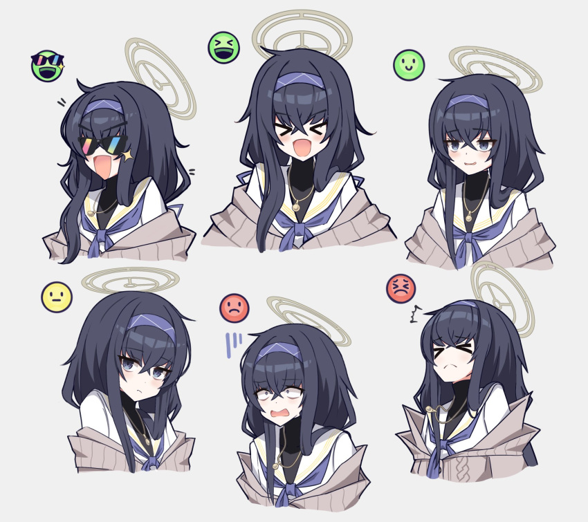 &gt;_&lt; 1girl bags_under_eyes black_hair blue_archive blue_eyes blue_hairband blue_neckerchief blush cardigan closed_mouth crossed_bangs grey_background hair_between_eyes hairband halo highres jewelry long_hair multiple_views neckerchief necklace open_mouth sailor_collar school_uniform simple_background sparkle sunglasses ui_(blue_archive) upper_body white_sailor_collar xaiqi