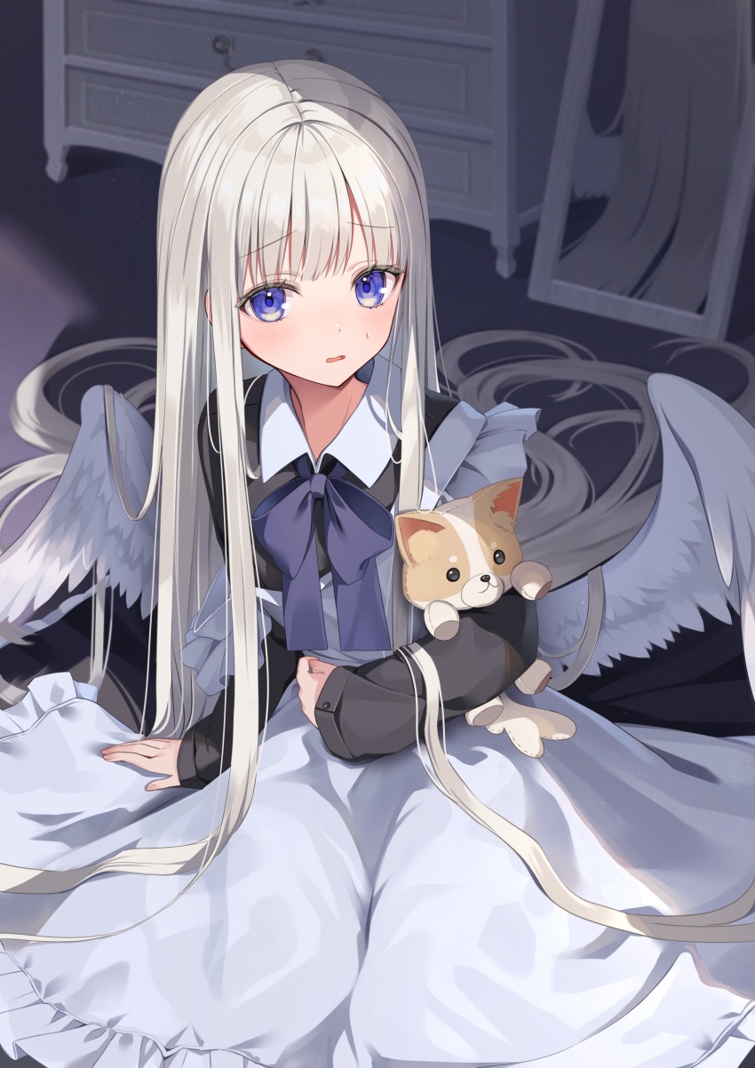 1girl absurdres angel angel_wings apron black_dress blue_eyes blush chest_of_drawers collared_dress commentary_request dress feathered_wings fingernails fuyoyo grey_hair highres hugging_doll hugging_object huion long_hair long_sleeves maid maid_apron mirror neck_ribbon official_art on_floor open_mouth original purple_ribbon ribbon sidelocks single_off_shoulder solo stuffed_animal stuffed_dog stuffed_toy sweatdrop very_long_hair white_apron white_wings wings