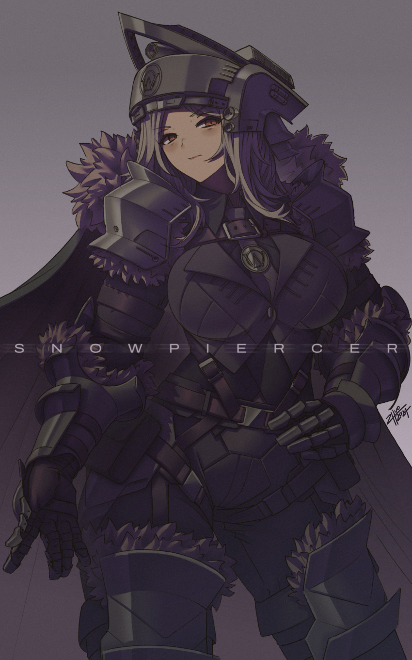 1girl armor armored_gloves asymmetrical_clothes black_headwear breasts brown_eyes cape dated full_armor fur_trim greaves highres large_breasts looking_at_viewer muscular muscular_female original personification short_hair shoulder_armor signature solo strap train white_hair zhvo
